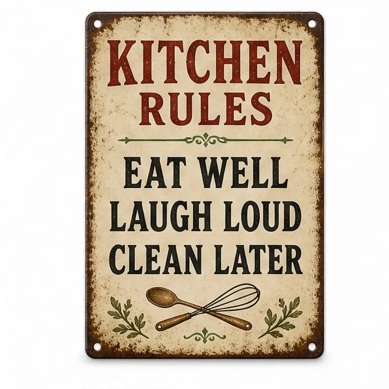 Funny Kitchen Rules Sign - 8" x 12" Vintage Wall Decor, Humor Sign for Kitchen or Coffee Bar