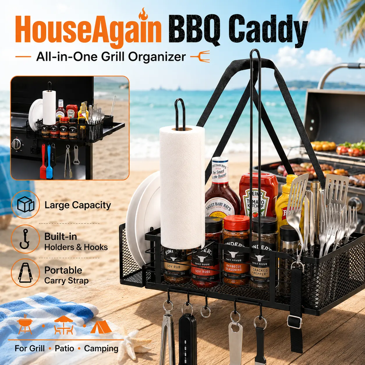 Grill Caddy for Blackstone Griddles, BBQ Organizer with Paper Towel Holder, Utensil Holder & Hooks, Outdoor Grill Storage Caddy for Condiments, Picnic Accessories Organizer, Camping & RV