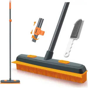 Pet Hair Removal Broom 57.5 inches Rubber Brush Carpet Rake with Silicone Squeegee Fur Remover Tool with Detailing Lint Comb for Cleaning Rug Tile Hardwood Floor Gray Orange