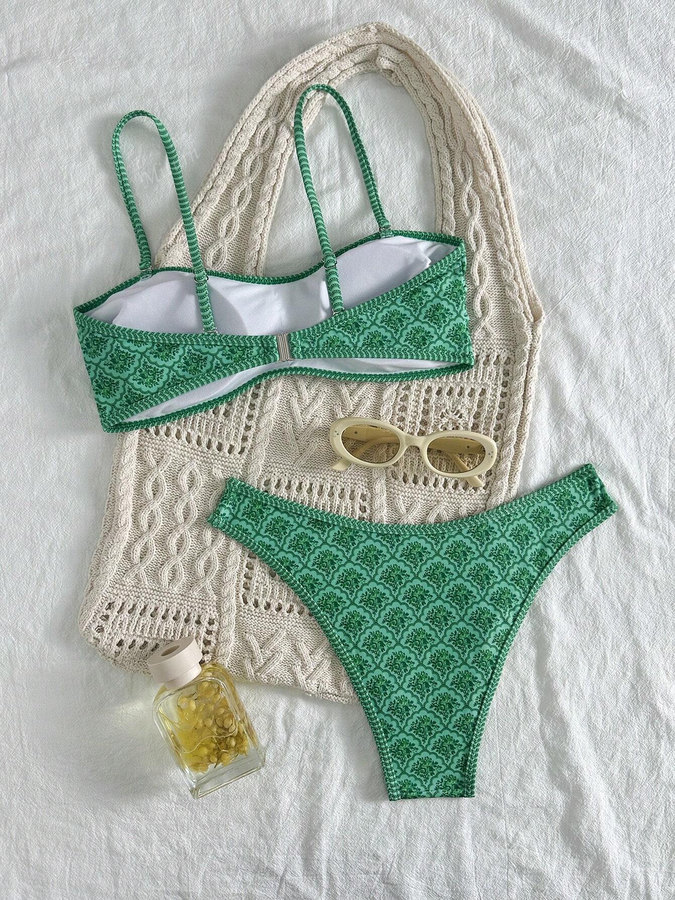 Two Pieces Of Women's Green Print Paired With Flat Chest Bikini, Detachable Shoulder Strap Suitable For Vacation Photography