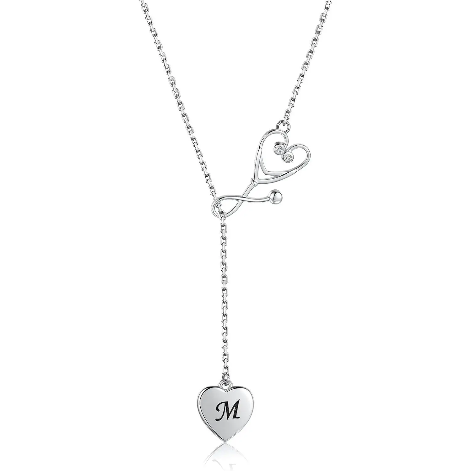 Women's 925 Sterling Silver Single Stethoscope Shape Necklace - Nurse Initial Letter Pendant, Female Wear Jewelry for College Graduation Gift, Doctor