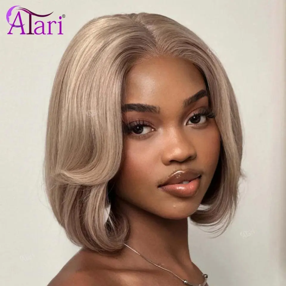 Human Hair Lace Front Wig, Ash Blonde with Brown Roots Short Bob, 13x4 Transparent Lace Wigs Human Hair, Human Hair Wigs Lace Frontal Wig Lace Wear Wig Frontlace Wig