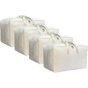 Soft Large Canvas Storage Bags with Zipper and Clear Window, Cotton Linen Storage for Pillows, Quilt, Blankets and Comforter, 80L, 4 Pack, Beige