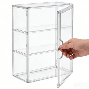 A transparent, multi-tiered storage rack, perfect for home use, designed for storing water glasses, beverages, and small decorative items. This three-tiered acrylic cup holder features doors for dust protection and is stackable.
