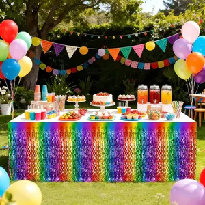 2 Pack 275x75 CM Rainbow Gradient Wavy Table Skirts Metallic Tinsel Foil Fringe Table Skirt for Rectangle and Round Table, for Birthday Decorations Weddings Rainbow Party Supplies