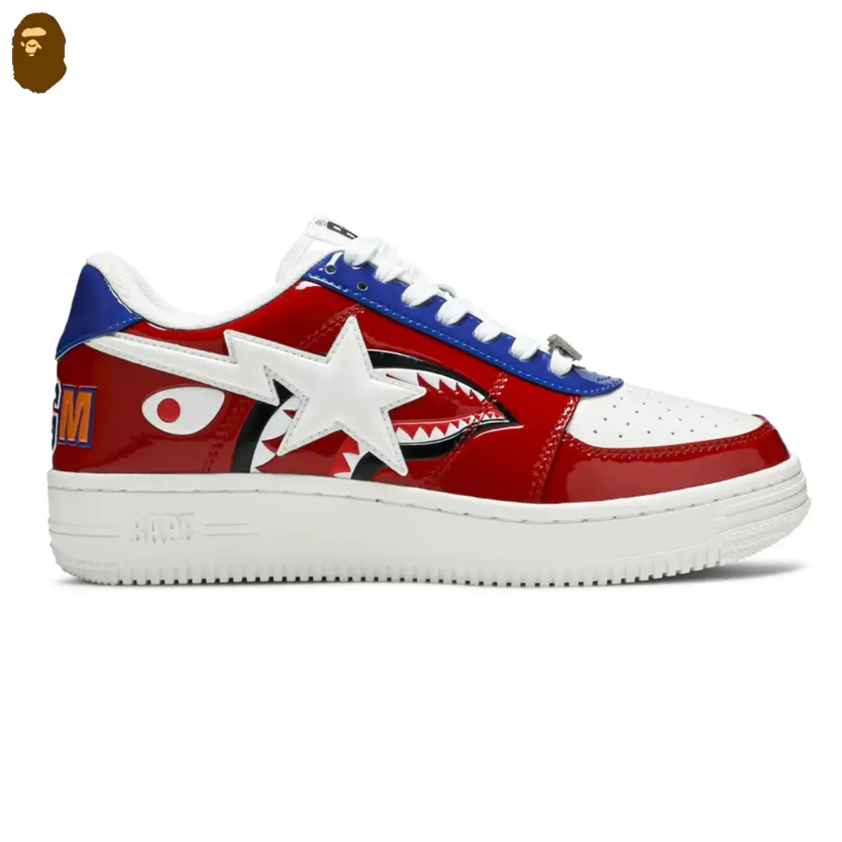 A Bathing Ape Bape Sta Low M2 20th Anniversary Patent Red Shark Mouth WGM Men's Low Top Sneakers Casual Skate Shoes Streetwear Tricolor Red Blue White