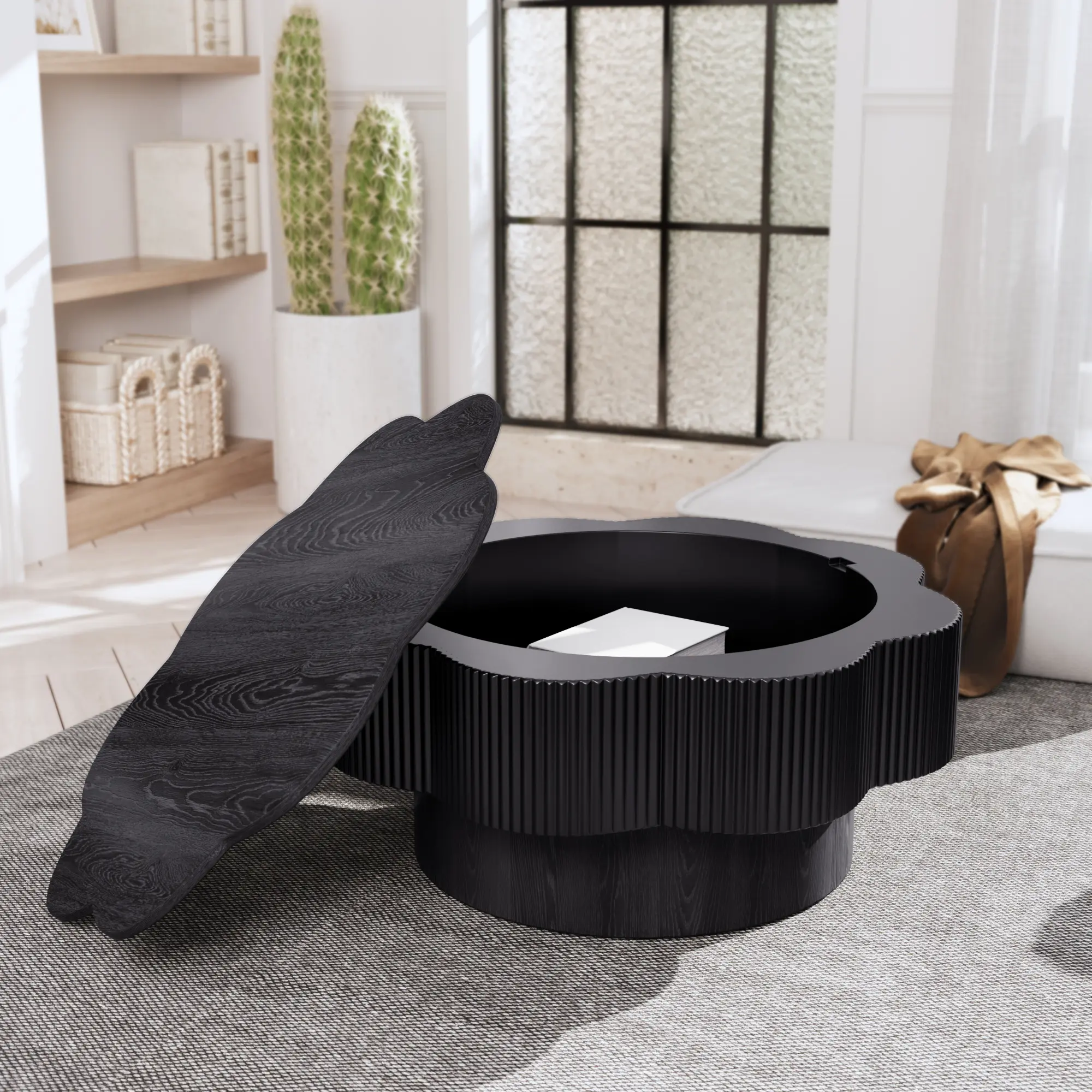 31.50"Modern Flower Shaped Coffee Table, Plum Blossom Shaped Coffee Table with Storage – Natural Wood Veneer, for LivingRoom, Apartment, Office, Easy Assembly, Black
