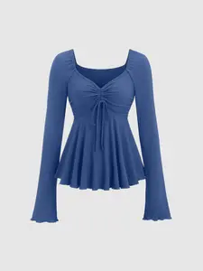 Plus Size Deep V Neck Long Sleeve Dressy Top for Women, Casual Daily Wear, Elegant Fashionable Design, Perfect for Everyday, Blue