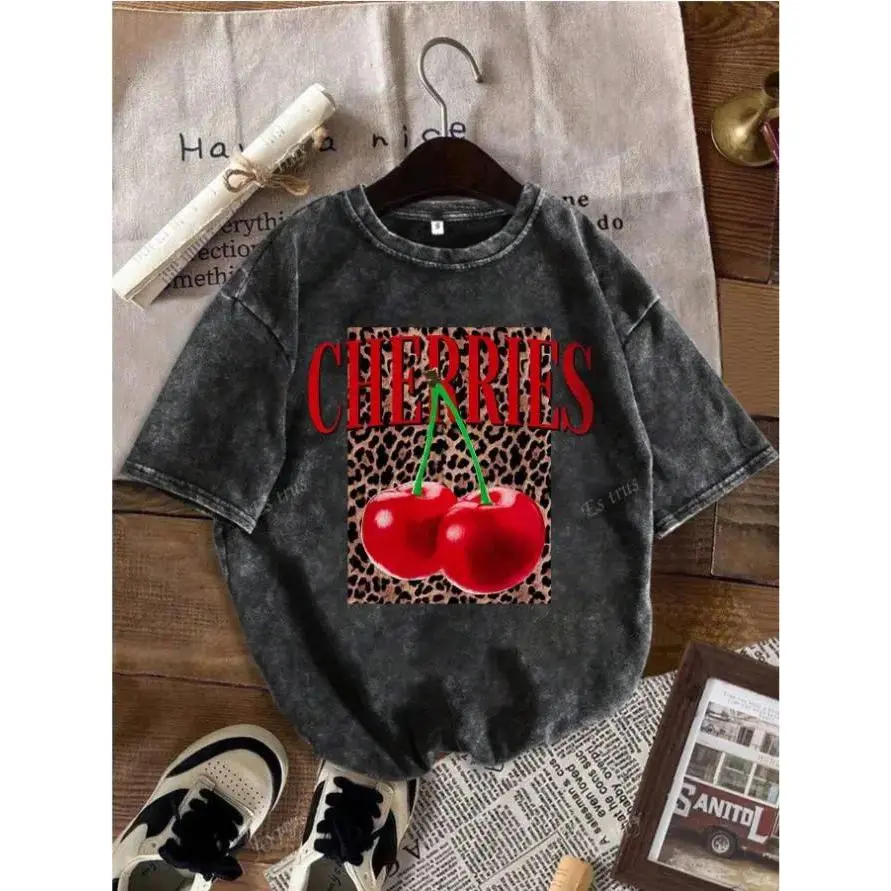 LeoMiles Plus Size Summer Women's Fun Print Hip-Hop "Leopard Cherry Letters" Personalized Pattern Print Street , Korean Style Y2k Clothing Women's Clothing, Round Neck Short-Sleeved Washed T-Shirt