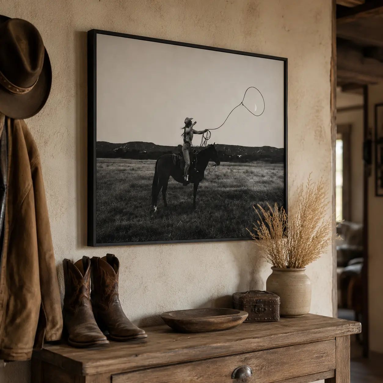 Cowgirl Lassoing the Moon Poster – Black and White Western Wall Art, Surreal Horse Print, Rustic Cowboy Farmhouse Decor, Unframed
