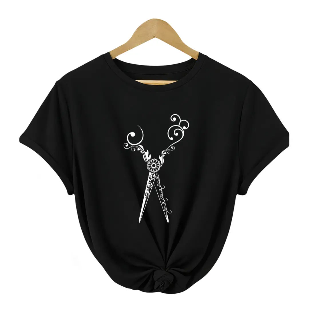 Men's & Women's Hairdresser T-Shirt - 100% Cotton Retro Scissors & Hairdressing Shears Design with Hair Dryer & Haircut Tools Print, Salon Apparel, Machine Washable Casual Round Neck Short Sleeve Tee for Stylists, Barber Gift, Seasonal Casual Wear,
