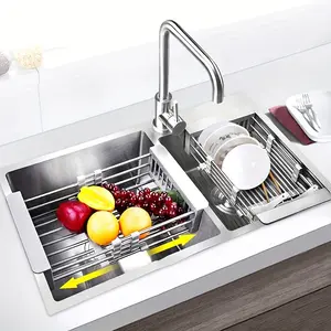 Stainless Steel Kitchen Drying Rack, Retractable Drain Basket with Adjustable Armrest, Over The Sink Dish Drying Rack