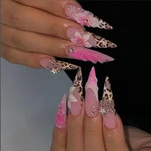 Luxury Leopard Glam Flower Press On Nails, Pink 3D Floral Rhinestone Nails, Long Stiletto Leopard Print Nail, Pink Nails, Floral 3D Gel Nail
