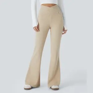 Halara Ribbed Knit Crossover High Waisted Side Pocket Casual Flare Pants