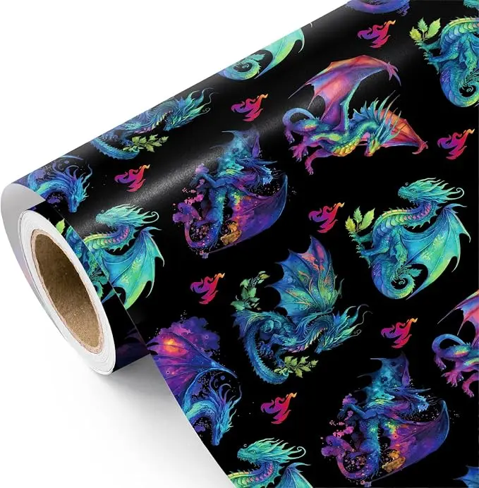 WRAPAHOLIC Neon Dragon Wrapping Paper Roll, Mythic Dragon Gift Wrap for Boys & Teens, Fantasy Birthday Paper for Gamer Gifts, Anime Parties & Special Occasions, 17in x 16.5ft