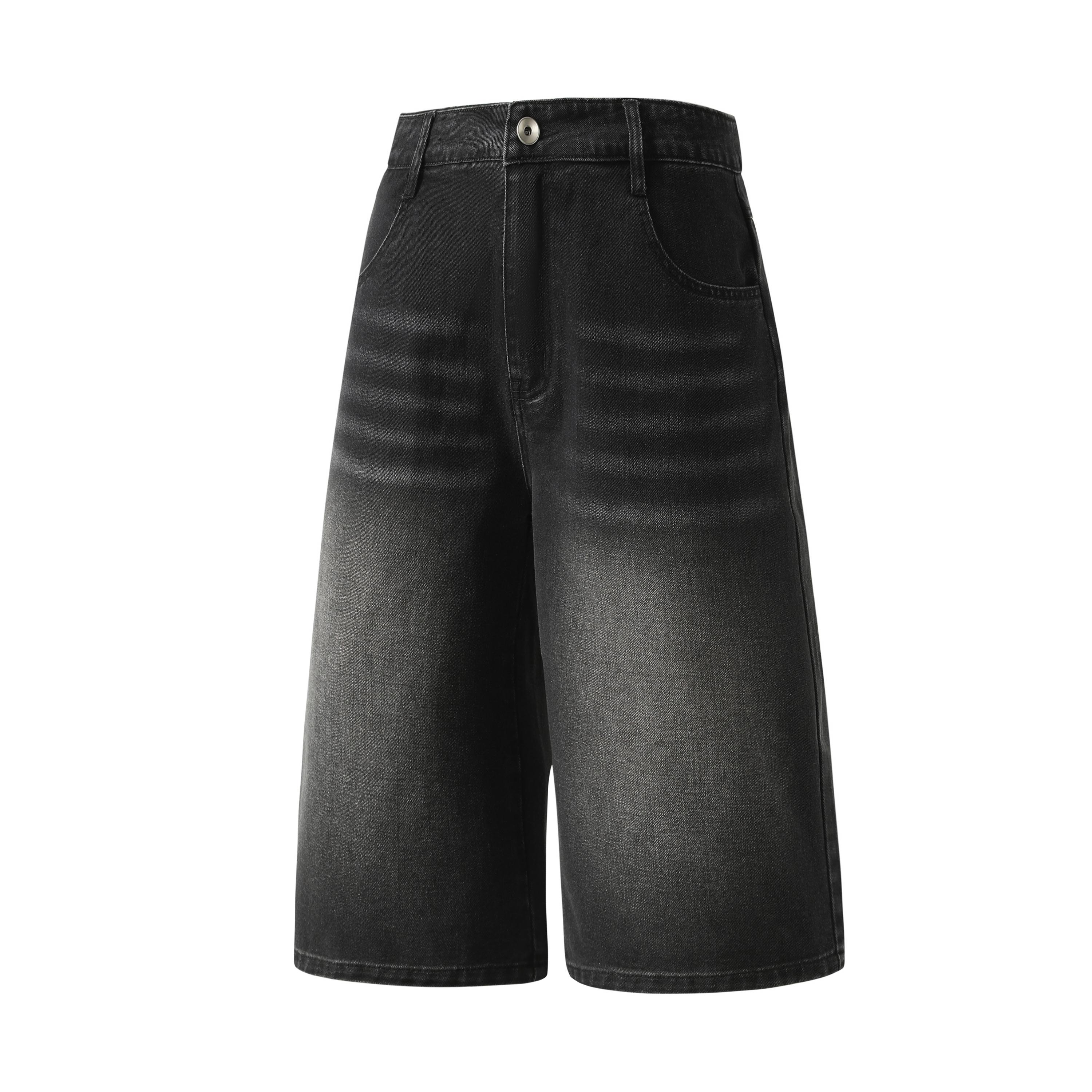 3-piece set of multi-color vintage washed wide-leg knee-length denim shorts made from cotton fabric; loose draping design, high-waisted relaxed fit, streetwear style. Suitable for summer daily wear, strolling, skateboarding, beach trips, and outings. Fash