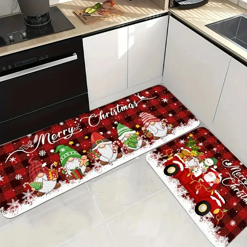 Christmas Kitchen Mats Set of 2,Decorative Farmhouse Tree Red Buffalo Plaid Merry Christmas Kitchen Rugs Decorations for Bed Side Bathroom,Home,Indoor