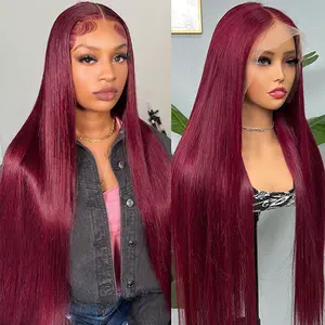 Straight 99J Burgundy Color 13x6 13x4 Hd Transparent Lace Wigs 200% Density Lace Frontal Human Hair Wig