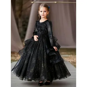 [Elegant|   Black] Glittery Elegant Black Girls' Evening Gown|   Long Sleeve, A-Line Dress|   Weddings, Pageants, and Formal Events