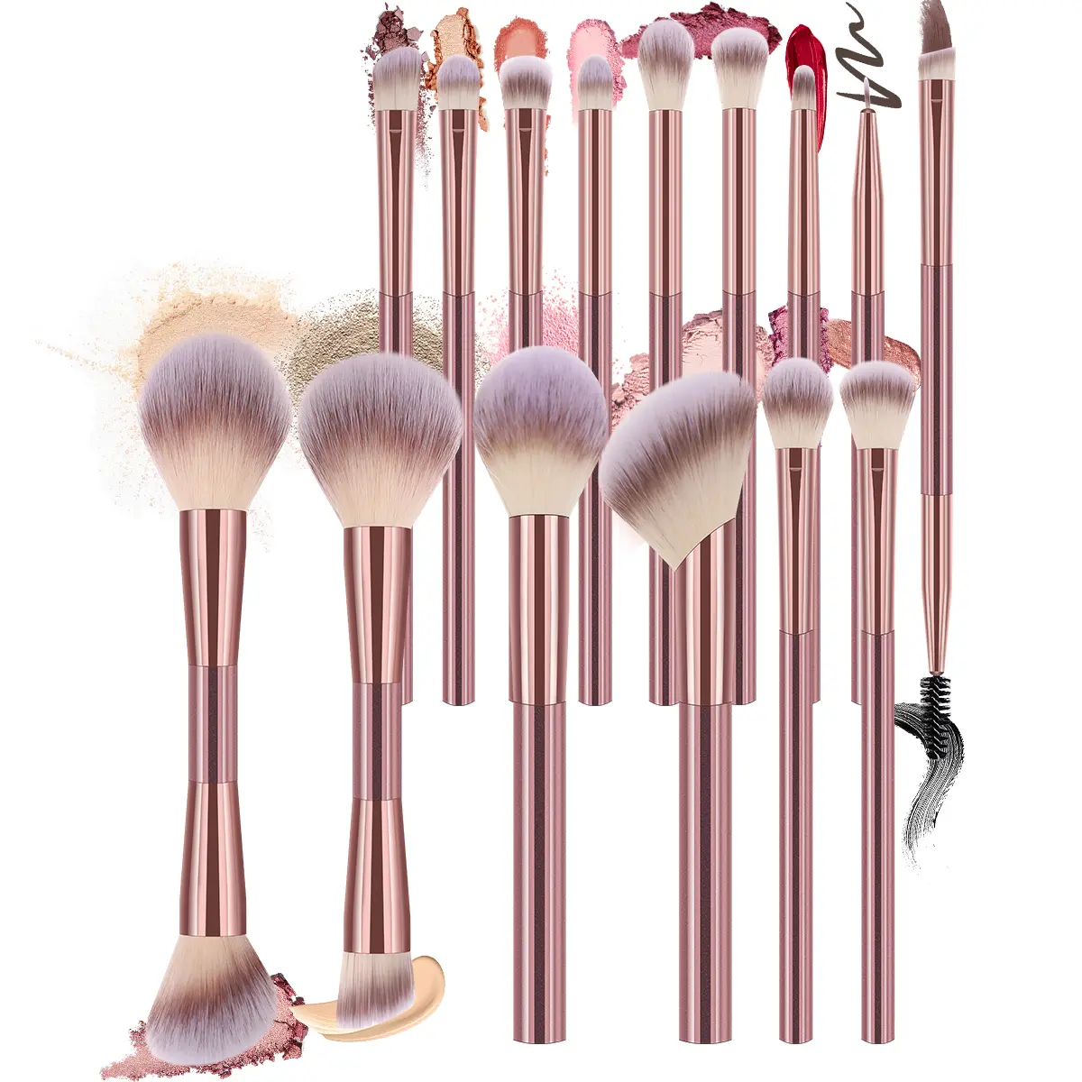 15-Piece Professional Soft Long Aluminum Tube Makeup Brush Set - Contoured Foundation, Eyeshadow, Eyebrow, Blending, Highlight, Concealer Brushes with Long Handles for Powder, Liquid, Cream, Daily Use & On-the-Go, Contoured Foundation Brush