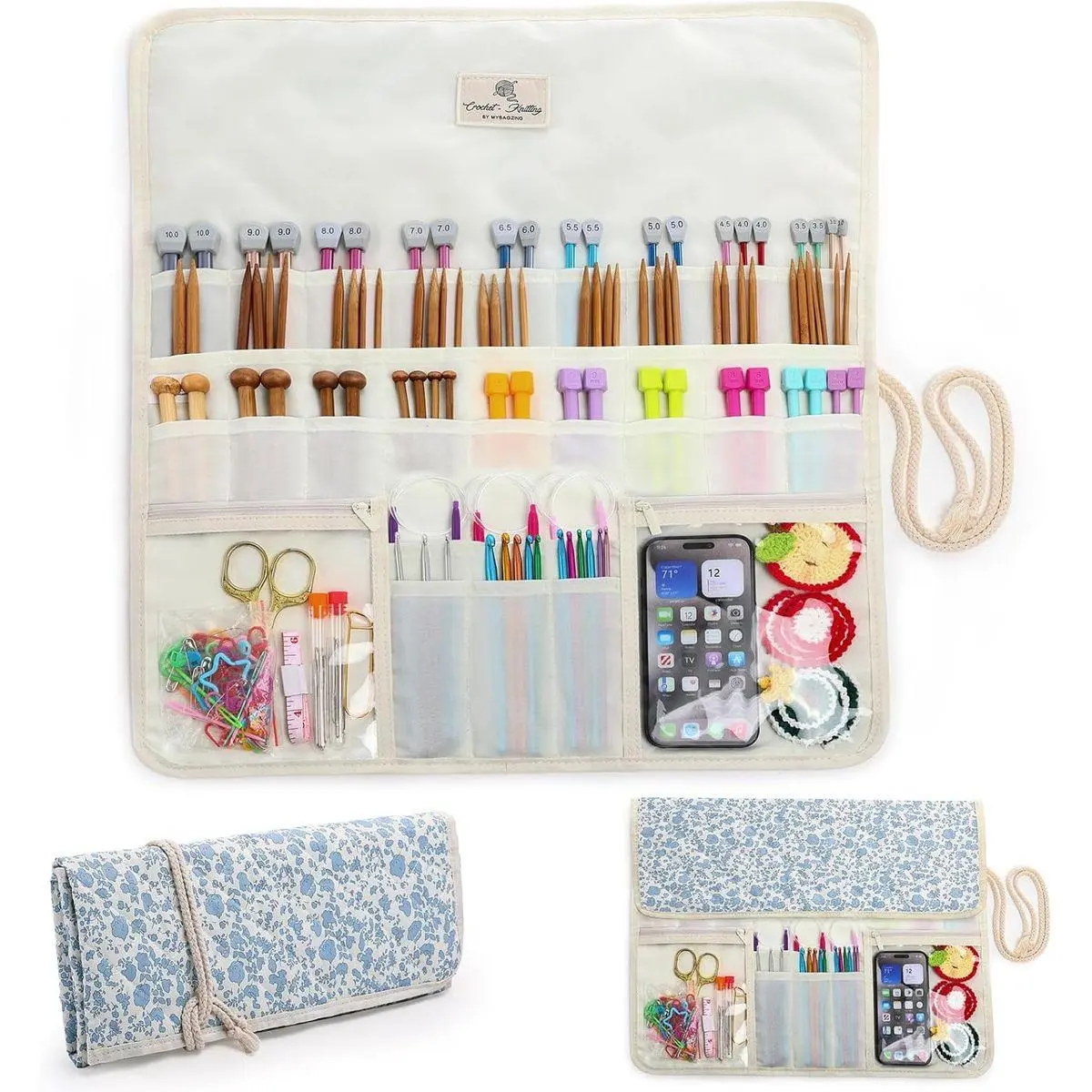 Knitting Needle Organizer Case Up to 14”, Rolling Storage for Straight & Circular Knitting Needles, Crochet Hook Organizer Bag, Knitting Notions Case, Foldable Travel Needle Holder(BAG ONLY)