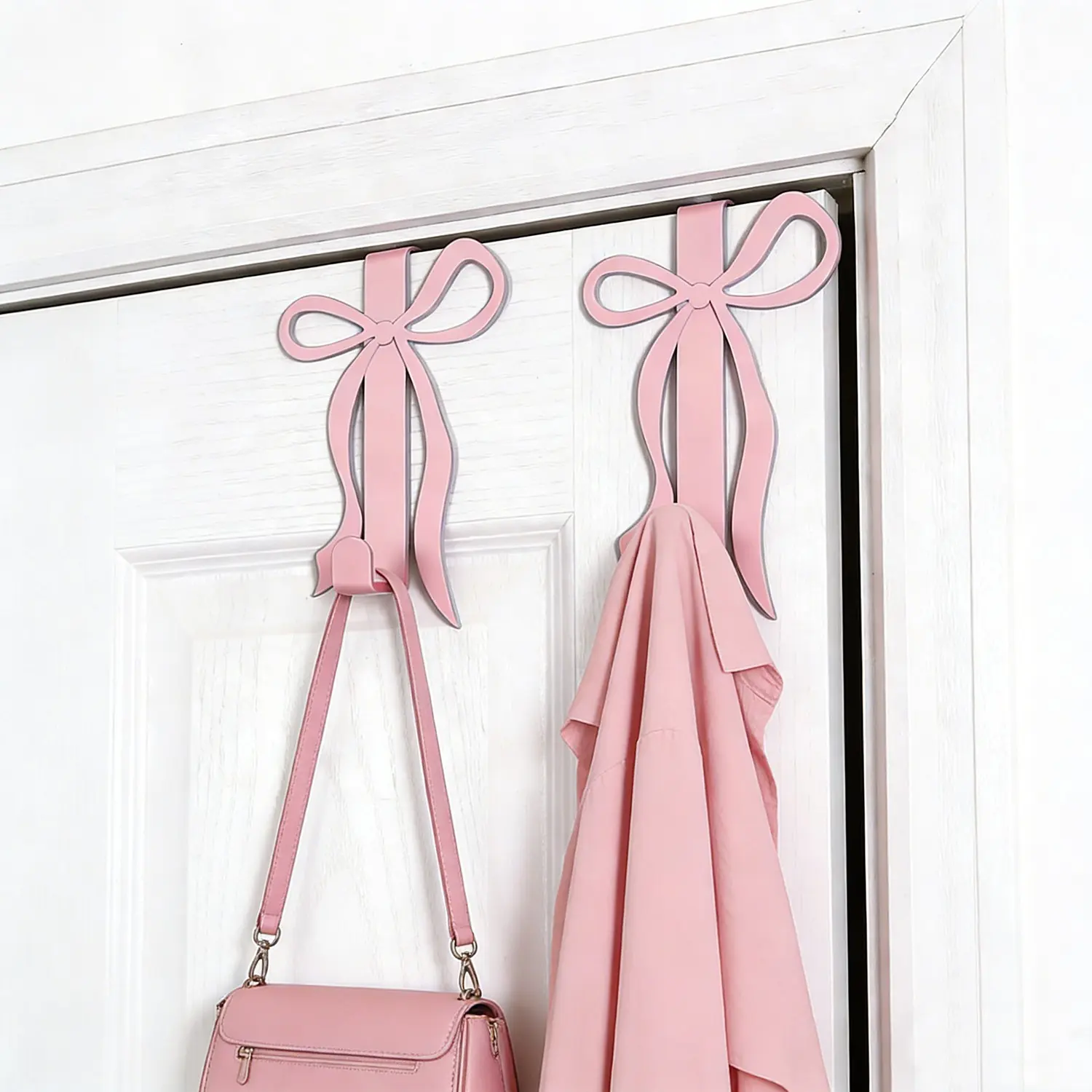 Pink Bow Door Hooks for Hanging Wall Hooks Set of 2, Metal Durable Hangable Door Hangers, Cute Room Decor Accessories, Ideal for Cabinets, Living Room, Bathroom, Bedroom, Kitchen, Back of Door Hooks