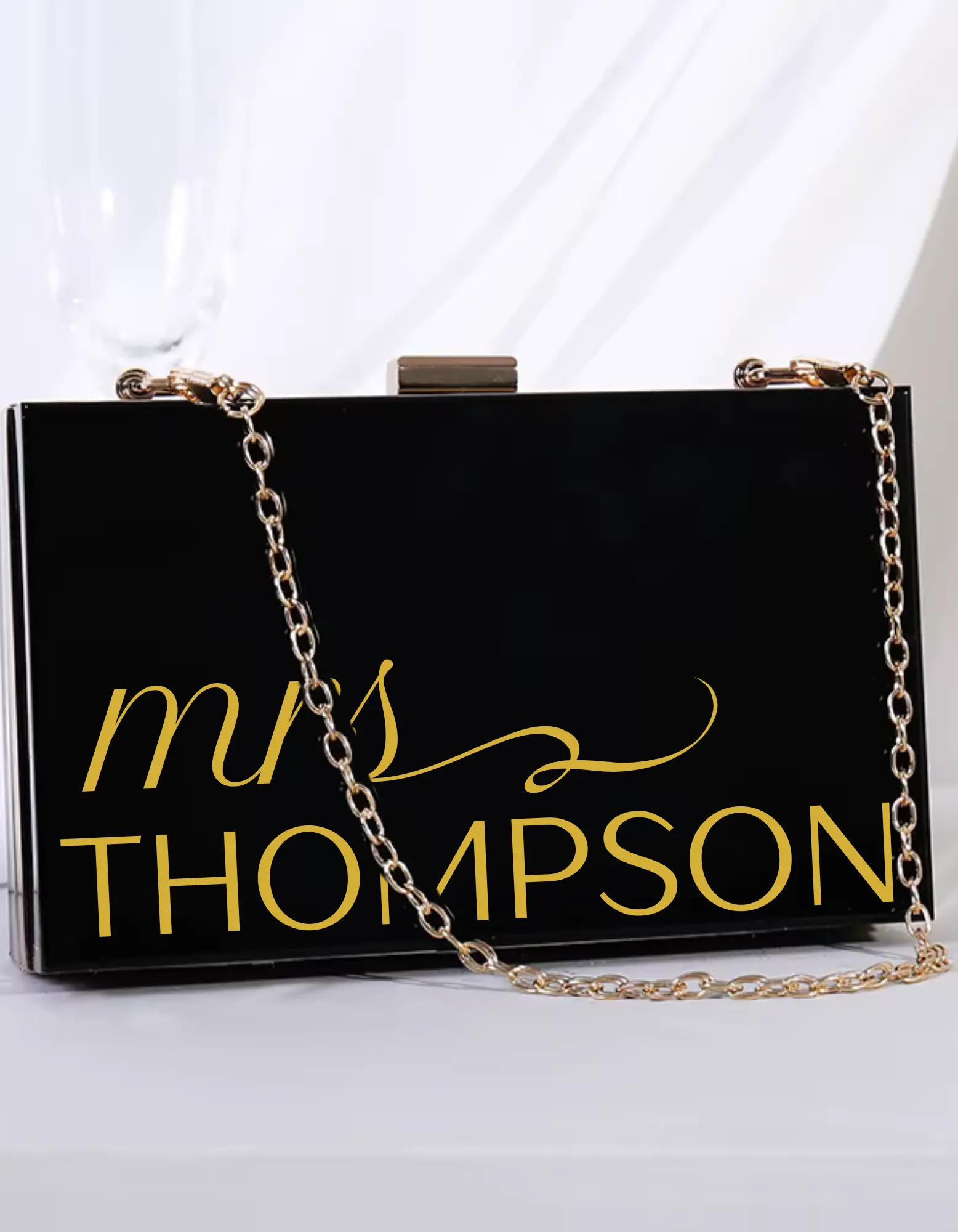 Custom Mrs Bridal Clutch with Gold Chain Strap and Elegant Script Design for Special Occasions