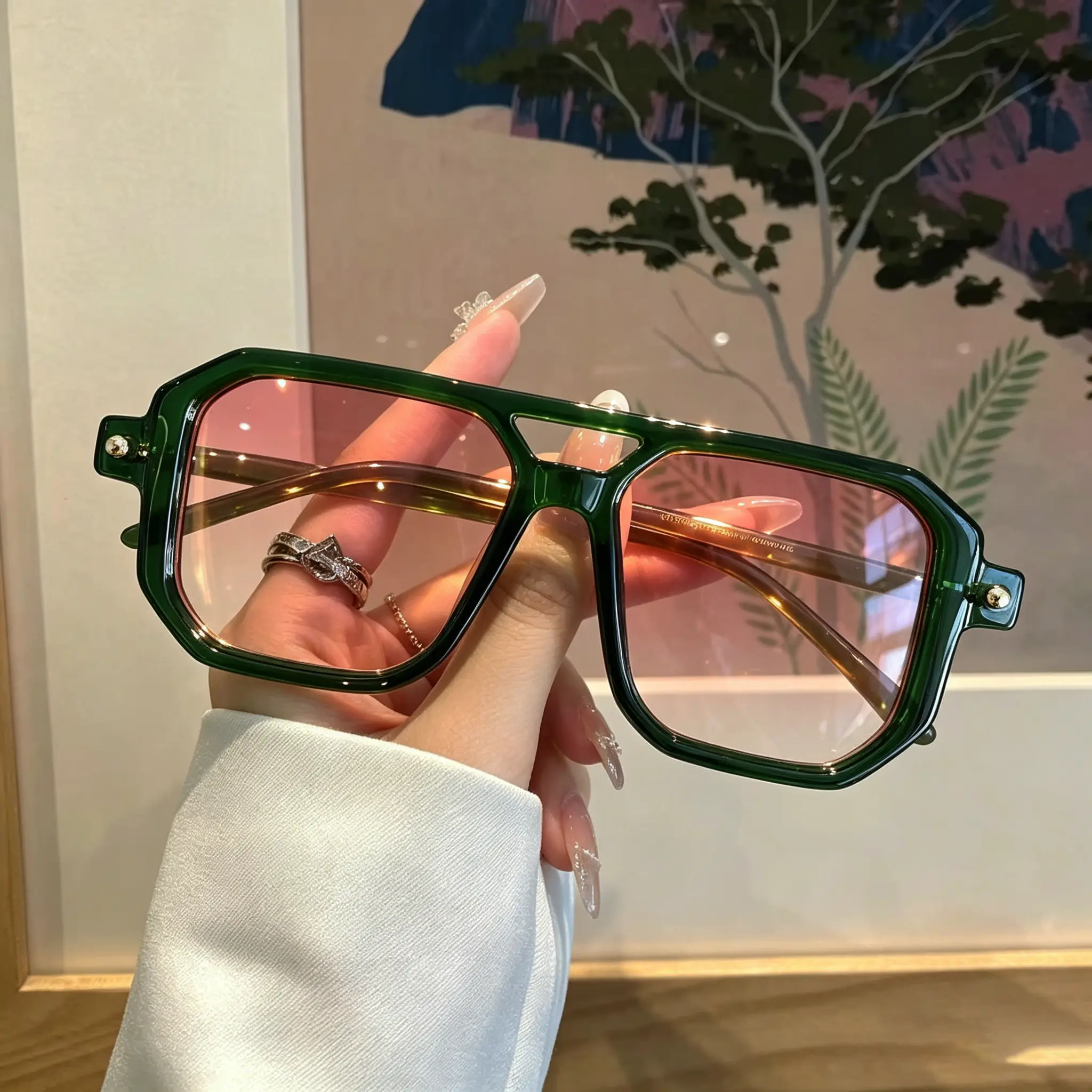 Women's Vintage Double Bridge Square Sunglasses - Transparent Emerald Green Frame, Gradient Pink Lens, Gold Metal Hinge, UV400 Protection, Trendy Street Style Shades