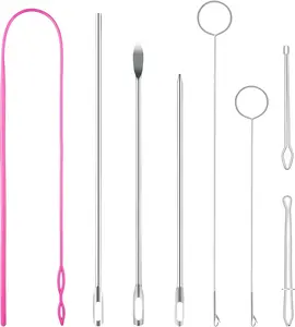 Drawstring Threader Tool Set, Stainless Steel Sewing Loop Turner Hooks with Latch, Flexible Drawstring Threader, Easy Rope Threader Clips for Jackets Coats Pants Hoodies Sweaters (8 Pack)
