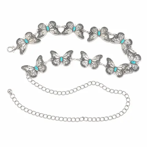 Women's Luxe Premium Metal Adjustable Cowgirl Boho Waist Chain Belt - Turquoise Butterfly Beaded Design, Hook Buckle, Christmas-Carnival Accessory for Dresses & Jeans, Adjustable Belts