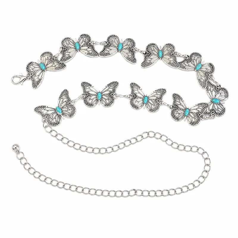 Women's Luxe Premium Metal Adjustable Cowgirl Boho Waist Chain Belt - Turquoise Butterfly Beaded Design, Hook Buckle, Christmas-Carnival Accessory for Dresses & Jeans, Adjustable Belts