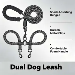 Dual Dog Leash, Tangle Free Dog Rope with Shock Absorbing Function, Durable Nylon Bungee Reflective Pet Leash Universal No Pull Harness for Small Medium and Large Dogs, Pet Products, Swivel Leash, Bungee Leashes, Reflective Strip Harness Straps