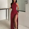 Elegant High Split Summer Dress, Slim-Fitting Solid Pattern, Neckline Design, Perfect for Warm Weather, Ideal for Special Occasions