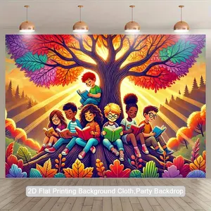 2D Flat Polyester Wall Hanging Photo Backdrop - Summervibes Vibrant Print, Kids Reading on Tree Autumn Scene, Party Decorations Banners, Birthday Studio Photo Prop, Indoor/Outdoor Decor