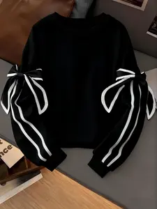 Plus Size Women's Round Neck Sweatshirt with Bow Decorated Sleeves, Casual Fashion Pullover for Spring & Fall Seasons