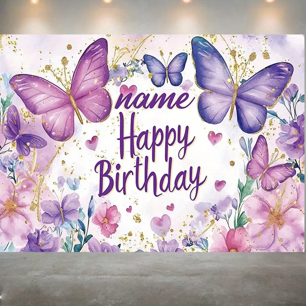 1PC,2D Flat Backdrop Purple Butterfly Flower Happy Birthday Backdrop, Watercolor Style Party Decoration Curtain, Birthday Party Photo Background, Romantic Theme Party Decoration Backdrop