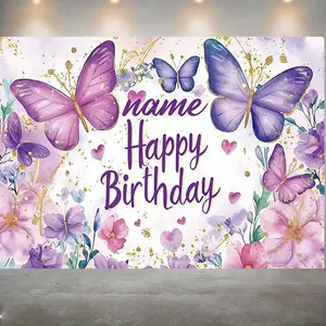 1PC,2D Flat Backdrop Purple Butterfly Flower Happy Birthday Backdrop, Watercolor Style Party Decoration Curtain, Birthday Party Photo Background, Romantic Theme Party Decoration Backdrop