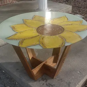 hand painted round glass table top with modern base