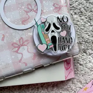 Cute Ghost Face Phone Grip - "No You Hang Up" Pink Hearts Retro Slasher Aesthetic Phone Holder for iPhone & Kindle