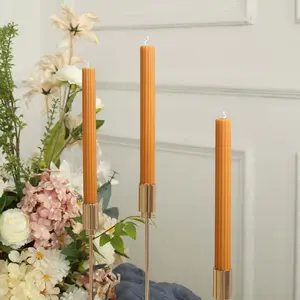 5-Pack Taper Candles 9" Ribbed Wick Ribbon Wax Design Gold - Premium Unscented Dinner Candles