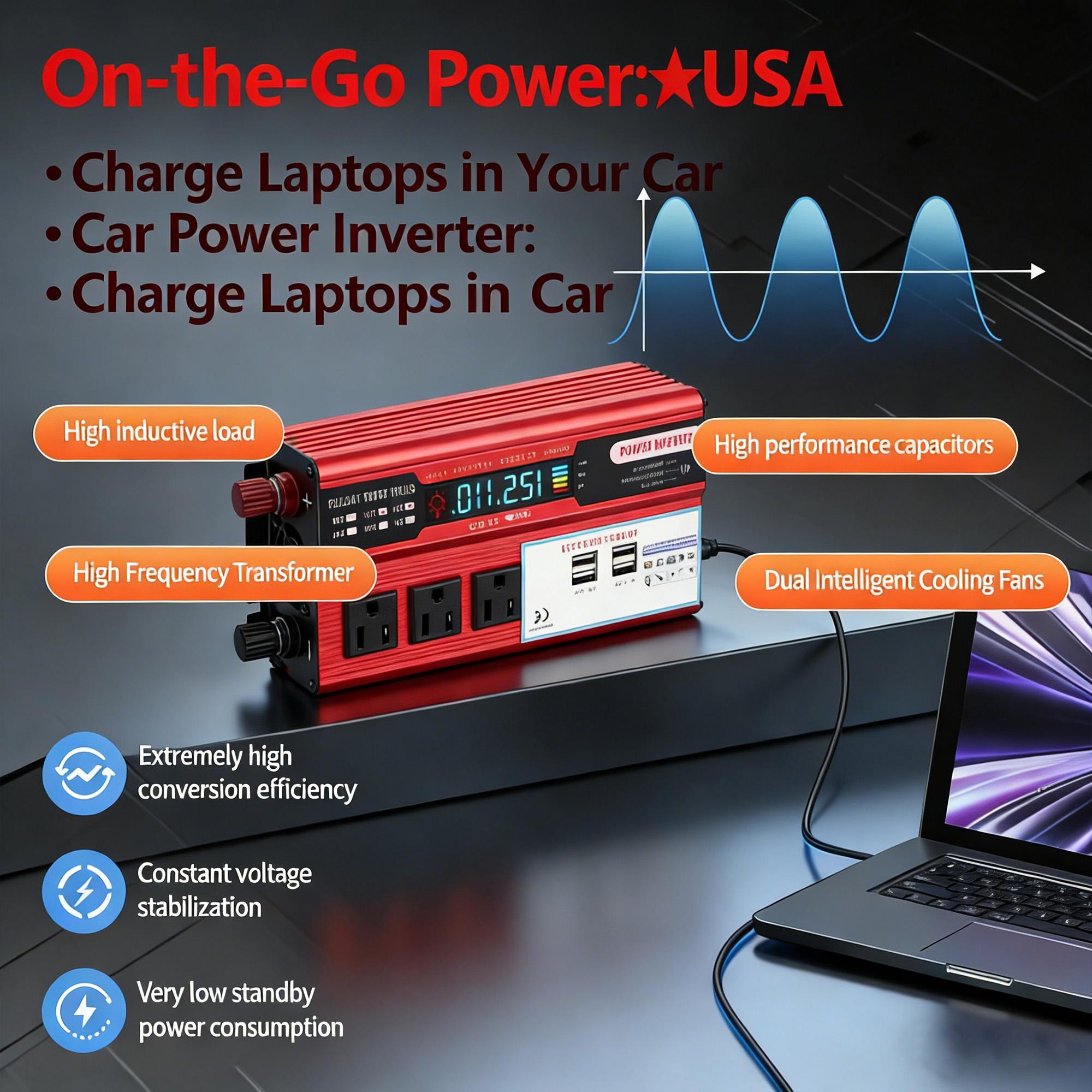 Multi-Function Vehicle Power Inverter DC 12V to 110V AC with 3 AC Sockets 4 USB Charging Ports 5000W Peak Output Compact Car Adapter for Outdoor Travel RV Truck Camping and Daily Emergency Power Supply