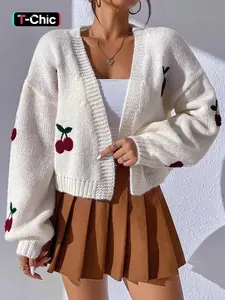 Women's Cute Chic Cherry Print Open Front Drop Shoulder Cardigan, Fitted Design Lady Top, Comfort Casual Longsleeves Knitwear Top for Fall, Cardigan Sweater, Women's Simple Outerwear, Spring Outfit, Fallfreshness, Casual Outfit， Versatile Styling