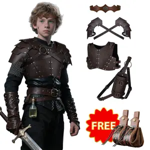 HiiFeuer 4 PCs Medieval Faux Leather Armor Set for Kids, Double Shoulder Armor Vest Chest Armour Back Sword Frog Headpiece Cosplay Fantasy Costume