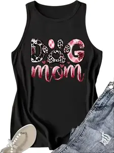 Leopard Plaid Paw Print DOG MOM Gradient Font Women Sleeveless Tank Top