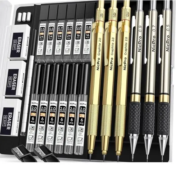 Gold Art Mechanical Pencil Set Metal Drafting Pencil 0.5, 0.7, 0.9mm & 2mm Lead Holder(2B HB 2H) For Sketching Drawing With Lead Refills Case
