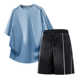 Men’s summer American-style structured line patchwork set: short-sleeve top and straight-leg shorts (mid-thigh length); sporty casual, comfortable, versatile, minimalist design; premium quality. #SummerWins