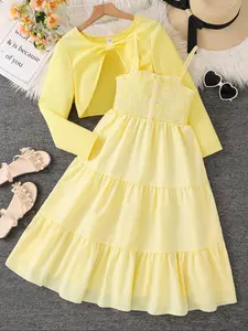 Girls' Short Jacket Set with Striped Design, Cute Crop Dress, Spring & Fall Fashion, Elegant Style, Ditsy Floral Pattern