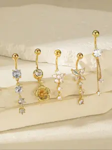 Women's Stainless Steel Cz Belly Ring Set, Butterfly Heart Zirconia Paved Navel Jewelry, Party Style Body Piercing Gift, Cubic Zirconia Jewelry