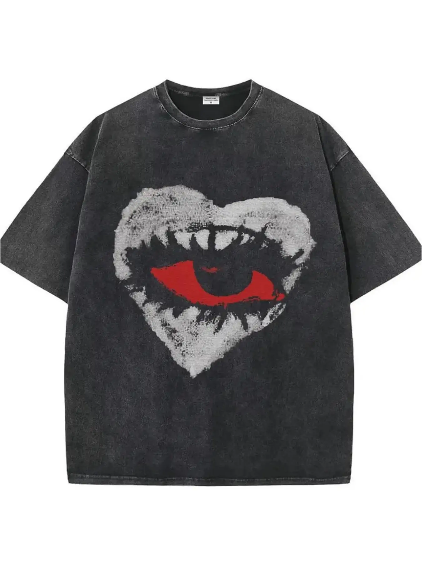 260g Heavyweight Vintage Washed Gothic Heart Red Eye Graphic T-Shirt, 100% Cotton Breathable & Moisture-Wicking Acid Washed Tee, Dark Y2K Streetwear Oversized Casual Top for Men Women Alt Gothic Fans, Fluffy, Natural