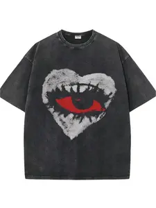 260g Heavyweight Vintage Washed Gothic Heart Red Eye Graphic T-Shirt, 100% Cotton Breathable & Moisture-Wicking Acid Washed Tee, Dark Y2K Streetwear Oversized Casual Top for Men Women Alt Gothic Fans